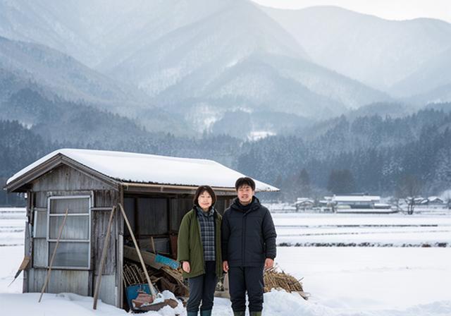 雪の残る飯山の農村で、作業小屋の前に並んで立つ夫婦と冬の山並み