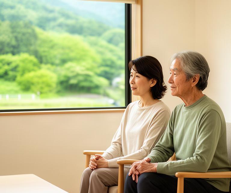 長野の明るい相談室で介護について向き合う夫婦と、窓越しに見える緑の風景