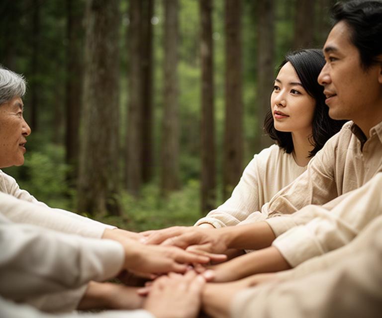 長野の木立を背景に静かに会話する夫婦と家族の手元